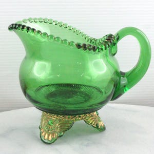 Vintage Antique 1912 U.S. Glass Colorado Green Glass Creamer Jug w Gold Detail, EAPG, Souvenir Glass