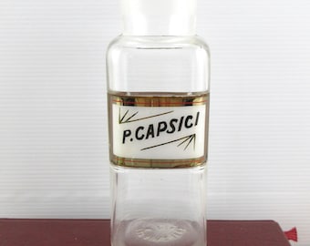 Vintage Antique Clear Glass Apothecary Jar with Glass Label, P. Capsici, Pharmacy Bottle NO Stopper, Late 1800's