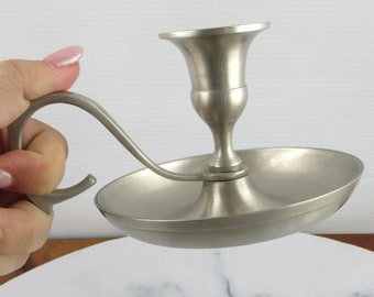 Large  Vintage Silver Metal Candle Holder with Finger Handle & Drip Tray, Chamberstick Candle Holder