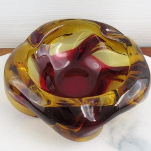 Vintage Heavy Red & Amber Art Glass Ashtray or Bowl