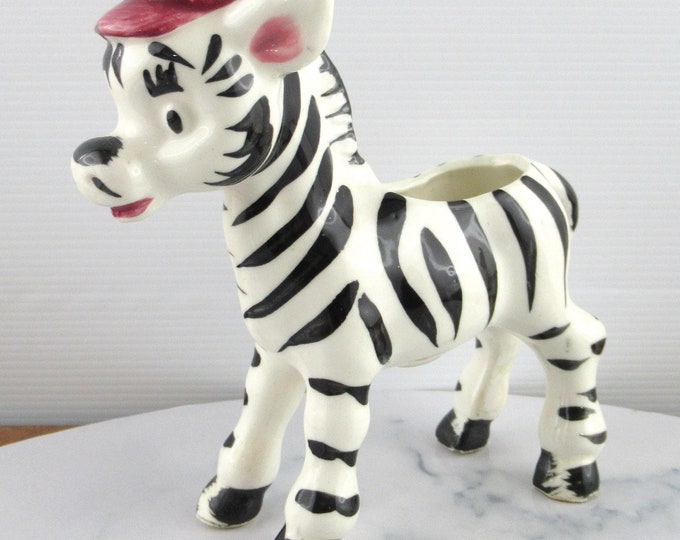 Dapper Vintage Ceramic Zebra with a Hat Planter Figurine, Made in Japan, Kitsch Décor, Anthropomorphic Zebra