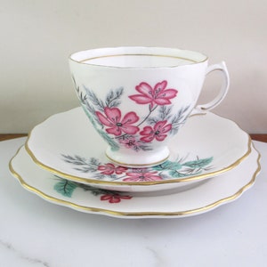 Vintage Colclough Tea Cup Trio, Pattern 7436 Pink Flowers, Teacup Saucer & Plate Trio,  Bone China England Three Piece Set