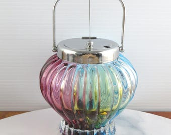 Vintage Retro Harlequin Glass Sugar Bowl with Hinged Lid & Handle , SANYU Japan, Rainbow Art Glass