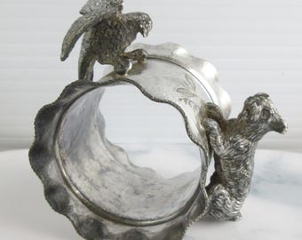 Anillo para servilletas antiguo victoriano de plata con forma de perro y águila, fabricado por Meriden Company en EE. UU., soporte para servilletas figurativo, soporte individual para servilletas vintage.
