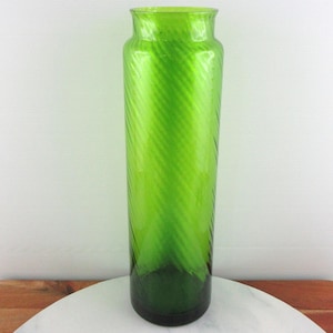 Vintage MCM Retro Tall Green Glass Vase with Optic Twist, Mid Century Glass Flower Vase