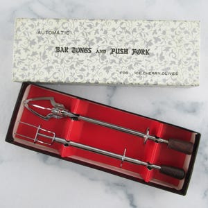 Vintage Automatic Bar Tongs & Push Fork, Ice Tongs, Olive or Cherry Fork , Vintage Barware Serving Utensils, Like New in Box
