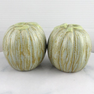 May include: A pair of ceramic salt and pepper shakers in the shape of pumpkins. The shakers are green with a light brown glaze and have a wood grain pattern.