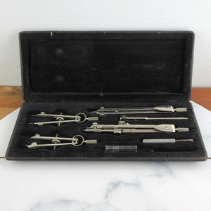 Vintage KIN Drawing Drafting Set In Case,  Made in Czechoslovakia, Drawing Instruments 7 pcs