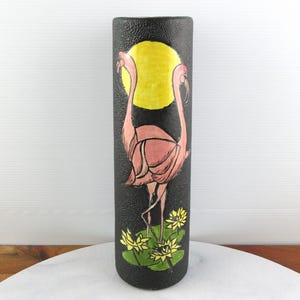 Vintage Hand Painted Pottery Black & Pink Flamingo Vase, Ceramic Flower Vase, Mid Century Retro