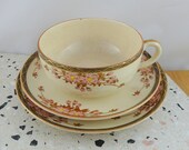 Vintage Satsuma Teacup Trio, Hand Painted Cherry Blossoms, Tea Cup, Saucer and Plate, 1920s