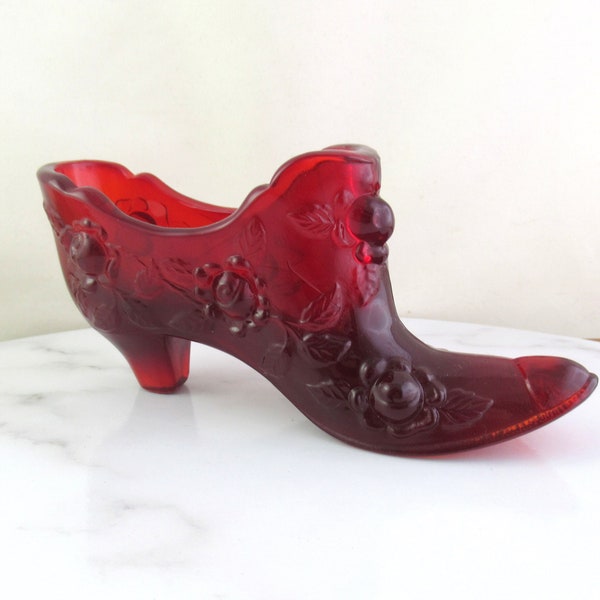 Vintage Fenton Ruby Red Glass Slipper Shoe, Cabbage Rose Pattern