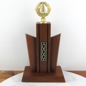 Vintage Mid Century Style Solid Wood Sailing Trophy with Gold Tone Metal Sailboat Topper, Wooden Trophy Australia,  Nautical Decor