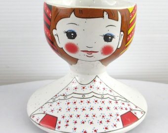 Huevera de cerámica vintage con diseño de niña, Focus, fabricada en Corea del Sur, portahuevos