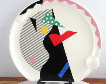 Vintage Post Modern 1980&#39;s Fujimori for Kato Kogei Ceramics Japan Carnival Plate, Memphis Style