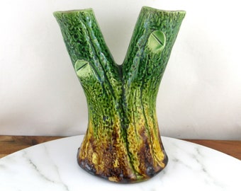 Vintage Australian Pottery Tree Stump Double Branch Vase, Greens & Browns Tree Trunk