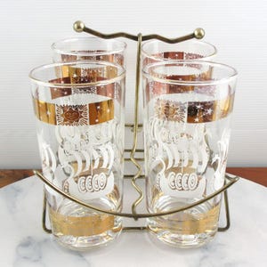 Set of 4 Vintage Drinking Glasses in Metal Caddy Stand Rack, Mid Century Glasses, Viking Ship Sun Stars