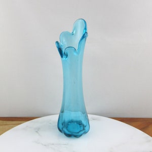 Vintage Blue Glass Finger Vase,  Mid Century Art Glass,  24.5cm Tall Ruffled Top
