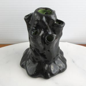 Vintage Black Ceramic Tree Trunk Log Shaped Flower Frog Vase, Flower Arranging
