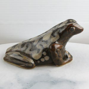 May include: A ceramic frog ornament in shades of brown, tan, and grey. The frog has a textured pattern on its back and a glossy finish. The figurine is sitting on a white surface.