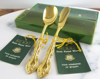 Vintage guldpläterad syltsked och smörkniv i ask, RODD Golden Glory