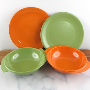 2 x Vintage Retro Ornamin Ware Melamine Bowl and Plate Sets, Orange and Green, 1970&#39;s Melmac, Made in Australia