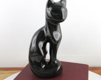 Vintage Single Ceramic Black Cat Figure,  Retro Black Kitty Bookend with Green Eyes