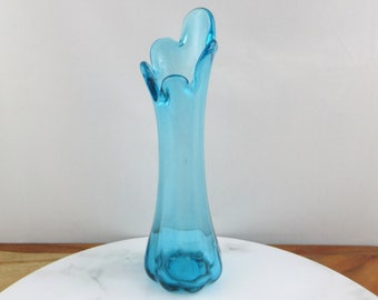Vintage Blue Glass Finger Vase,  Mid Century Art Glass,  24.5cm Tall Ruffled Top