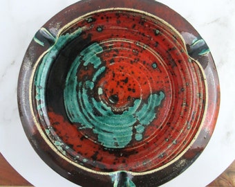 Large Vintage Mid Century Red Green Art Pottery Ashtray, MCM, Artist Signed
