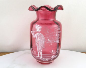 Small Vintage Mary Gregory Style Cranberry Glass Hand Painted Vase with Ruffled Top