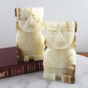 Pair of Vintage Heavy Carved Alabaster Stone Aztec Tiki God Bookends, Made in Mexico