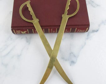 Pair of Vintage Brass Decorative Sword Letter Openers,  Metal Novelty Letter Slitters, Letter Knife