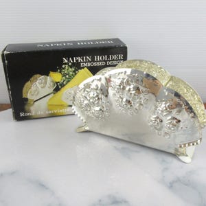 Vintage Silver Metal Napkin Rack Holder, Unused in Box, Ornate Embossed Rose Floral Design, Serviette Holder,  Country Kitchen Decor