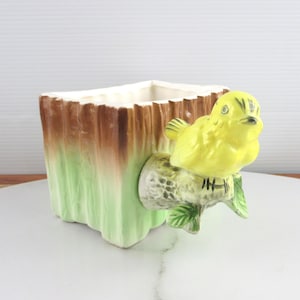 Vintage Kitsch Ceramic Yellow Bird on a Tree Planter Vase