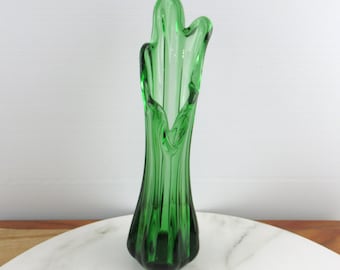 Stunning Vintage Dark Green Glass Finger Vase,  Mid Century Art Glass Stretch Glass Vase with Ruffled Top