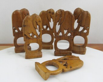 Vintage Hand Carved Wooden Elephant Napkin Rings, Set of 6Serviette Holders, African Elephant Table Decor