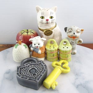 Small Lot of Vintage Mismatched Animal and Other Salt & Pepper Single Shakers, Anthropomorphic Critters Made in Japan, 1950s