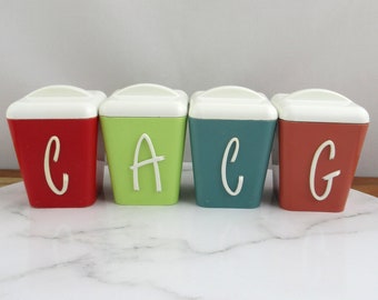Set of 4 Vintage Harlequin Plastic Spice Canisters, Gay Ware ?,  Australian 1960s, Kitchen Storage Containers