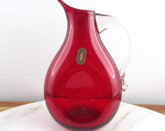 Vintage Whitefriars Ruby Red Glass Jug with Sparrow Beak Spout & Dimpled Sides, Retro Red Glass, Geoffrey Baxter 9621,  Mid Century Glass
