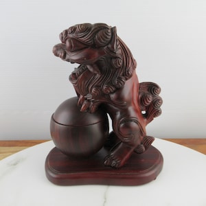 Vintage Chinese Carved Wooden Foo Dog Lion Incense Burner Holder, Chinese Guardian Lion