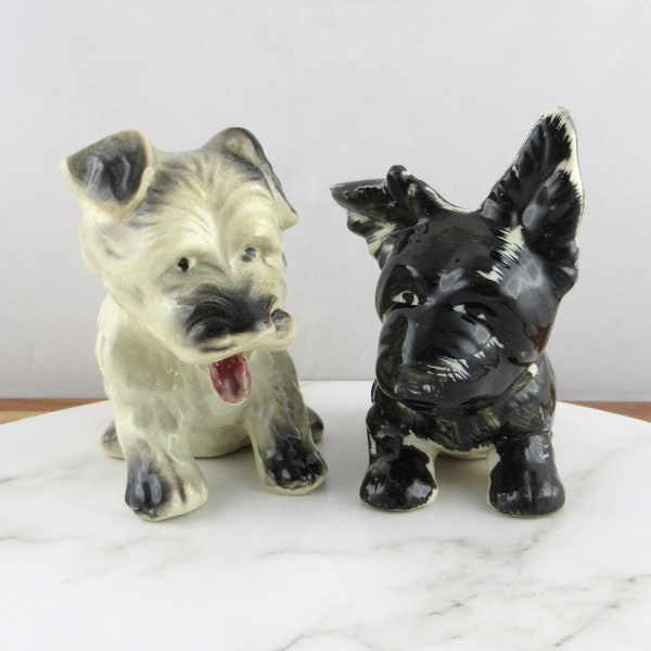 2 Vintage Ceramic Black & White Scottish Terrier Dog Figures, Joan Ware Made in Japan,  Scotty Dogs