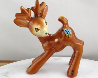 Large Vintage Ceramic Deer with Beetle Figurine, Spotted Fawn Figure, Too Cute!