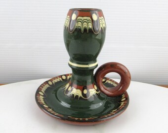 Vintage Bulgarian Pottery Candle Holder with Finger Handle & Drip Tray, Ceramic Chamberstick, Made in Bulgaria