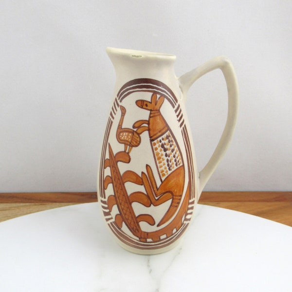 Vintage Studio Anna Jug or Vase, Indigenous Aboriginal Theme, Kangaroo & Emu, 1960s Australian Pottery