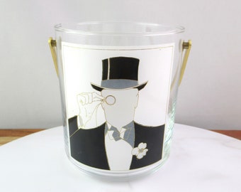 Fun Vintage Glass Ice Bucket with Gold Metal Handle, Man with Monocle, EGIZIA Glass Italy