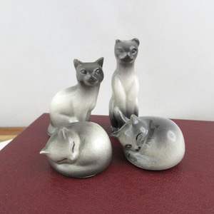 Super Sweet Collection of 4 Ceramic Kitty Cat Figurines, 2 Sitting and 2 Sleeping Kittens, Grey Cats