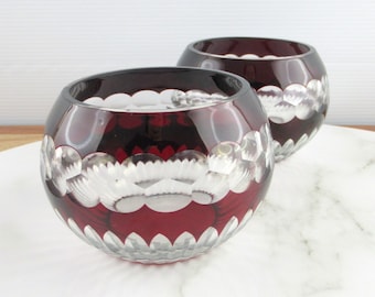 Beautiful Pair of Vintage Ruby Red Cut to Clear Votive Candle Holder Bowls
