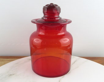 Vintage Retro Takahashi Red Art Glass Apothecary Style Jar, Made in Japan, Mid Century Glass Lidded Kitchen Storage Container Canister