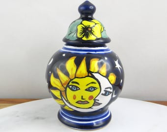 Vintage Hand Painted Sun & Moon Ceramic Lidded Jar, Mexican Pottery