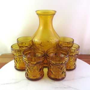 Vintage Bormioli Italy Amber Glass Carafe and 6 Tumbler Set, Bahia Pattern, Retro  Glass JUice or Water Cups