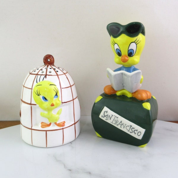 Two Tweety Bird Salt & Pepper Shakers, San Francisco and Cage, NOT a pair, Vintage Warner Brothers Looney Tunes 1997 1996